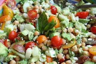 Tomato, Chickpea, Cucumber, Avocado and Feta Salad with Basil Dressing