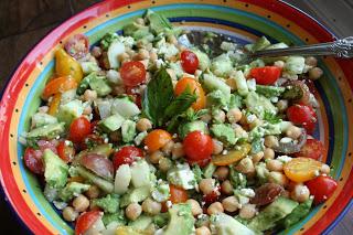Tomato, Chickpea, Cucumber, Avocado and Feta Salad with Basil Dressing