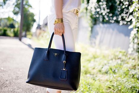 how to wear white jeans, prada double bag, louis vuitton cuff chain, white after labor day