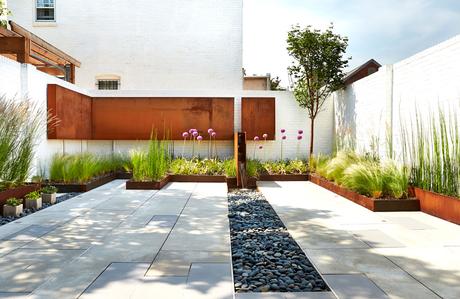 Renovated DC Row House backyard with Cor-Ten steel.