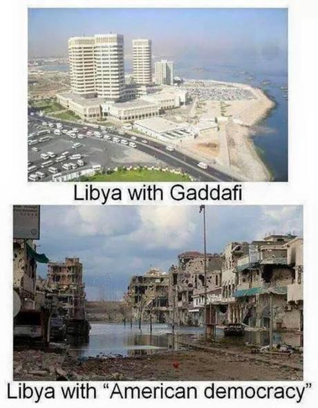 I am a liberal humanitarian bomber. The photo above shows Libya under the evil dictator Ghaddafi. The photo at bottom shows Libya after it was liberated by US jet bombers and freedom fighters consisting of Al Qaeda. God bless the Libyan people. Where would they be without America?