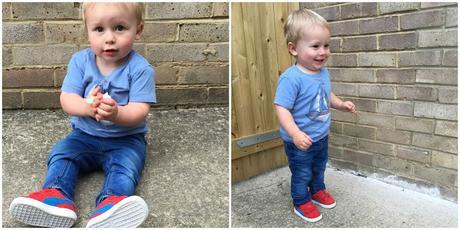 Get the Label red Puma kids trainers being worn by my little boy