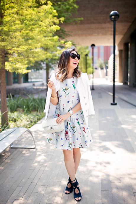 how to wear a floral dress, how to transition a summer dress for fall, aquazzura sexy thing heels, white chanel flap bag