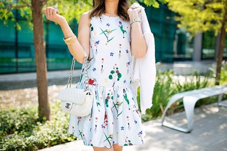 how to wear a floral dress, how to transition a summer dress for fall, chanel white flap bag