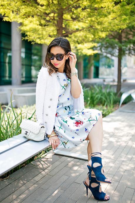 how to wear a floral dress, how to transition a summer dress for fall, aquazzura sexy thing heels, chanel white flap bag