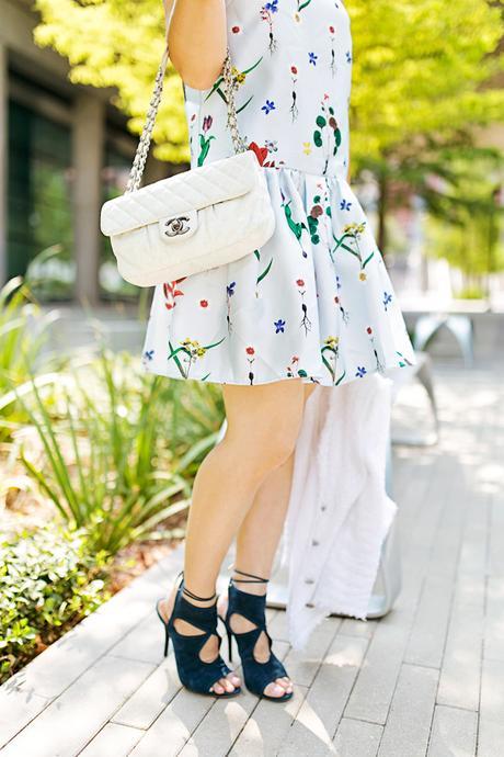 how to wear a floral dress, how to transition a summer dress for fall, aquazzura sexy thing heels, white chanel flap bag