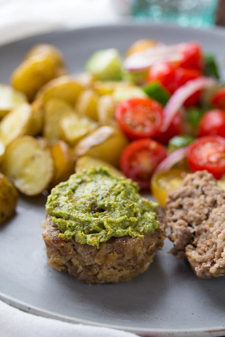 Moroccan-Spiced Meatloaf Cups Moroccan-Spiced Meatloaf Cups, served with an amazing Pistachio-Mint Pesto, and ready in under 45 minutes. @sweetpeasaffron