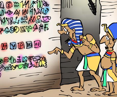 detail image Cartoon showing ancient Egyptians looking at hieroglyphics on wall representing blog post, social media share icons, and comment someone left on post