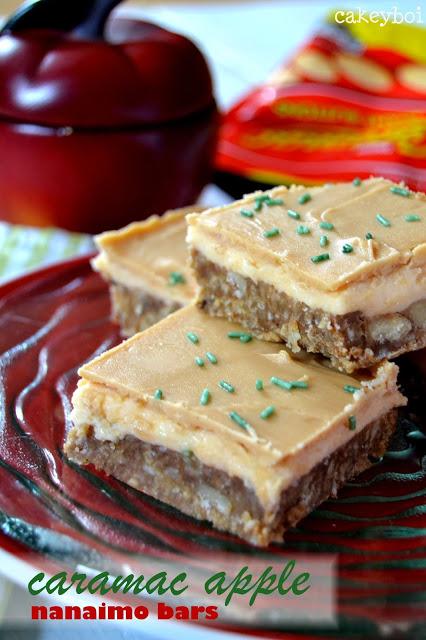 Nanaimo bars with apple flavoured custard buttercream topped with caramac