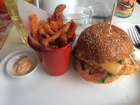 buttermilk fried chicken, sweet potato fries, chipotle mayo at Bill's 