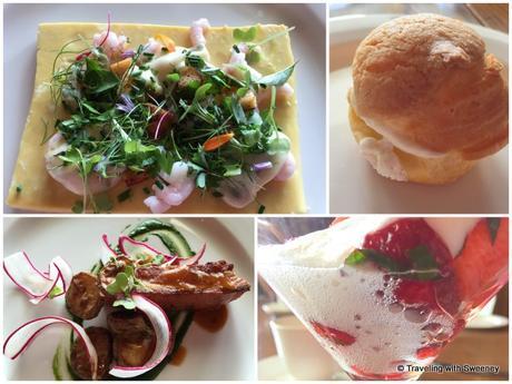 Brunch at Estevan Lodge: Omelet with chives, northern shrimp, geranium mayonnaise (top left); Homemade maple ham, grilled tomatoes, mustard sprouts (bottom left); desserts (right)