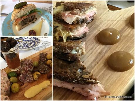 Lunch at Côté Est: Guinea fowl burger with jam, peppers, and cheese; grilled cheese and ham sandwich with pear butter; and sampler of regional meats