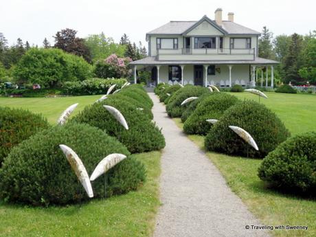 Along the path at Estevan Lodge at Reford Gardens, fish sculptures seem to jump over the bushes from the St. Lawrence River to the house.