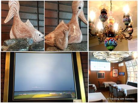 Top: Two perspectives of one sculpture by Daniel Renaud; Foyer chandelier -- Bottom: Painting by Guy Paquet; Dining room artistic touches at Auberge Chemin Faisant in Témiscouata-sur-le-Lac, Québec