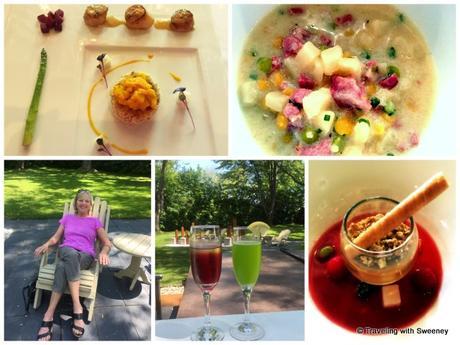 From top left: Seared scallops, risotto cake, curry pineapple-mango relish, asparagus and beets; lamb chowder; maple pudding with granola, raspberries, lychee, and jelly beans; cocktails on the terrace