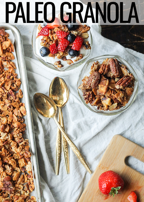 This Paleo Granola uses nuts and coconut to bulk it up and add a ton of protein, while egg whites help keep the granola clumpy and crunchy! It is gluten-free, refined sugar-free, and dairy-free.