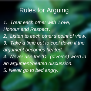 Rules for arguing in Marriage1. Remember your goal is to keep with