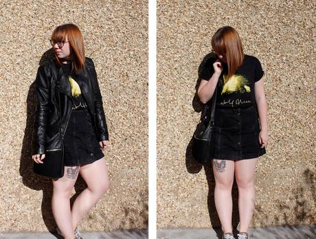 wolf alice t-shirt with black a line skirt and leather jacket