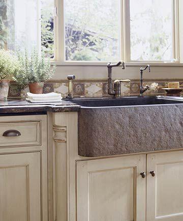 grey stone kitchen sink with apron
