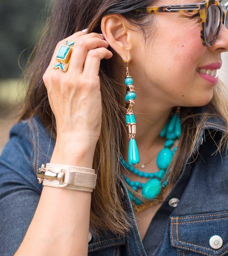 chic at every age, how to wear a denim dress, alexa chung for ag pixie denim dress, turquoise jewelry, wishing well intentions acacia ring