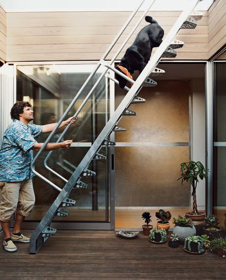 Tad Beck greets his lab mix, Little Bear, at the bottom of an alternating tread stairway that makes getting to and from the roof deck easy on two or four feet.
