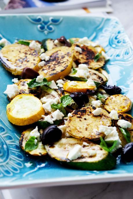 Grilled Sweet Potatoes, Zucchini and Yellow Squash with Olives and Feta
