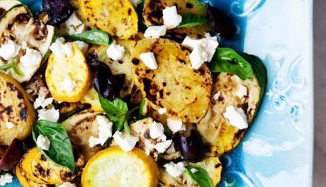 Grilled Sweet Potatoes, Zucchini and Yellow Squash with Olives and Feta