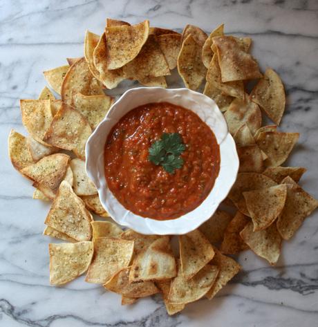 Roasted Tomato + Tomatillo Salsa with Baked Paprika Spiced Tortilla Chips