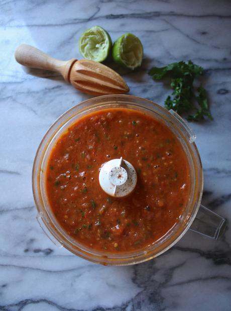 Roasted Tomato + Tomatillo Salsa with Baked Paprika Spiced Tortilla Chips