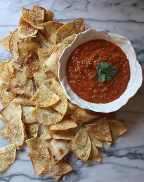 Roasted Tomato + Tomatillo Salsa with Baked Paprika Spiced Tortilla Chips