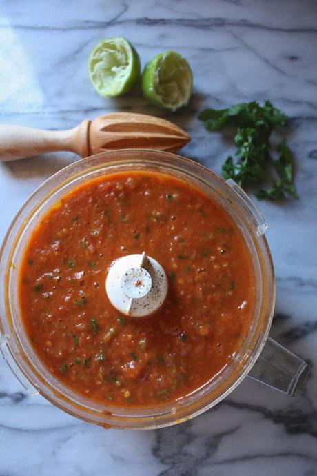 Roasted Tomato + Tomatillo Salsa with Baked Paprika Spiced Tortilla Chips