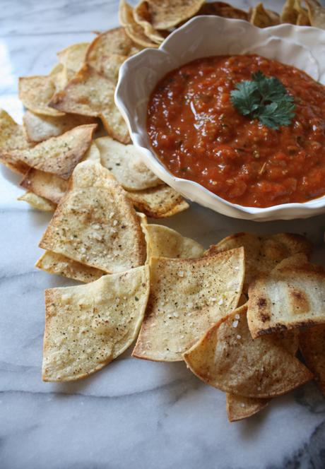 Roasted Tomato + Tomatillo Salsa with Baked Paprika Spiced Tortilla Chips