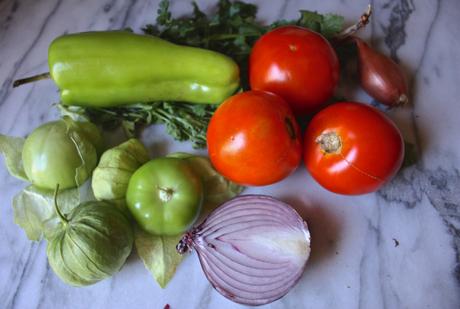 Roasted Tomato + Tomatillo Salsa with Baked Paprika Spiced Tortilla Chips