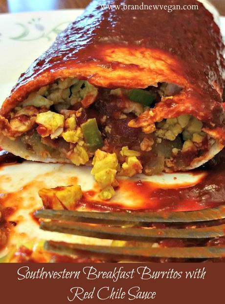 Veganized Breakfast Burritos - New Mexico Style. Southwestern scrambled tofu and potatoes smothered in a rich red chile sauce. My new favorite recipe!