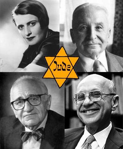 These are the heroes of Libertarianism, and they are all Jews. The thing in the upper left is an entity called Ayn Rand. Supposedly it was human, but I doubt it. I believe the Henry Kissinger looking creature on the lower left is called Murray Rothbard. On the right, I have no idea. They look like a couple of Jews to me. Apparently these are two of the leading lights of Libertarianism,male 