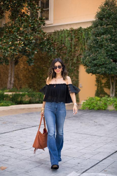 how to wear flare jeans, alexis off the shoulder top, j brand asbury high rise flare jeans, elaine turner jamie hobo 