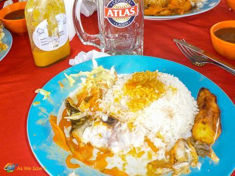 Snapper with rice and Maduros, a sweet fried plantain.