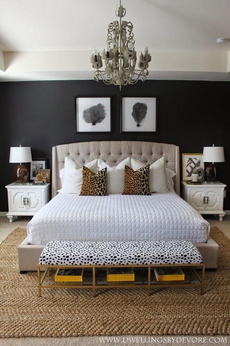 stunning bedroom with black walls, leopard accents, gold, black and white! SWOON!: 