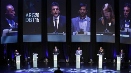 Candidates at the October 4 debate, with an empty podium for incumbent Daniel Scioli, who dropped out of the debate. (Photo: AP)