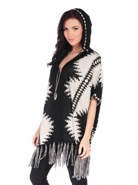 Vintage Havana Aztec Fringe Trim Poncho-min