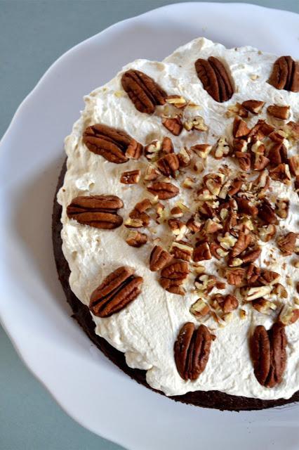 chocolate pecan cake with maple whipped cream