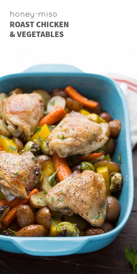 Honey-Miso Roast Chicken and Vegetables (one pan!) only 15 minutes prep work for this healthy and delicious dinner recipe @sweetpeasaffron