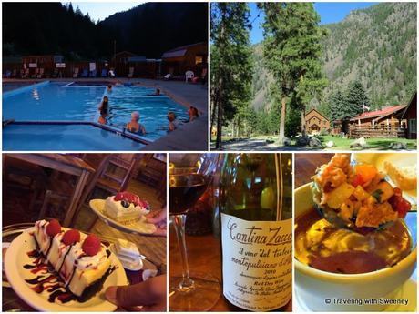 Top: Quinn's Hot Springs Resort setting and one of 6 soaking and swimming pools Bottom: Sampling of desserts, wine and the evening's special clam chowder