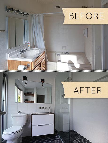 modern small bathroom makeover remodel clean white glass floating vanity design style tips advice how to ideas inspiration