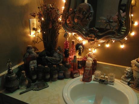 bathroom halloween decoration tips advice how to ideas inspiration witch apothecary station potion magic scary spooky mirror lighting diy