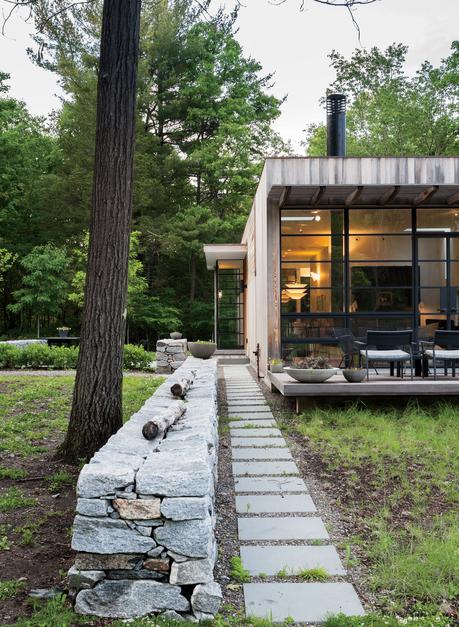 Upstate New York small sustainable retreat for Chilewich and Sultan outdoor stone wall facade