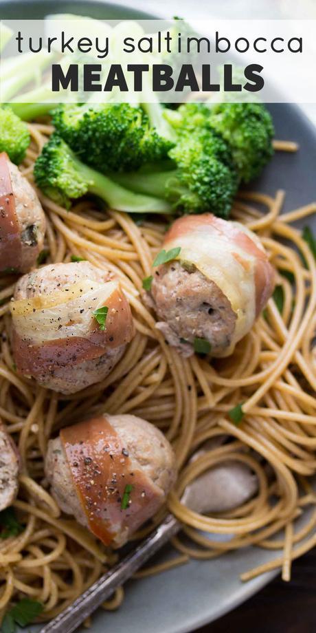 Turkey Saltimbocca Meatballs, an easy dinner or appetizer idea that has all the flavors of saltimbocca: sage, prosciutto and white wine!