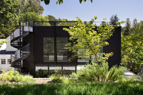 Orinda addition facade and spiral staircase