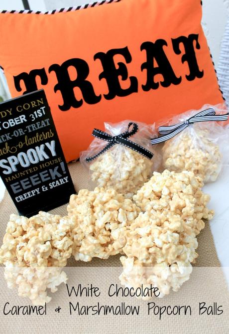 Need an easy, last minute Halloween treat for classrooms or parties? Well, I have just the treat for you: White Chocolate Caramel and Marshmallow Popcorn Balls! #SweetenTheSeason #ad