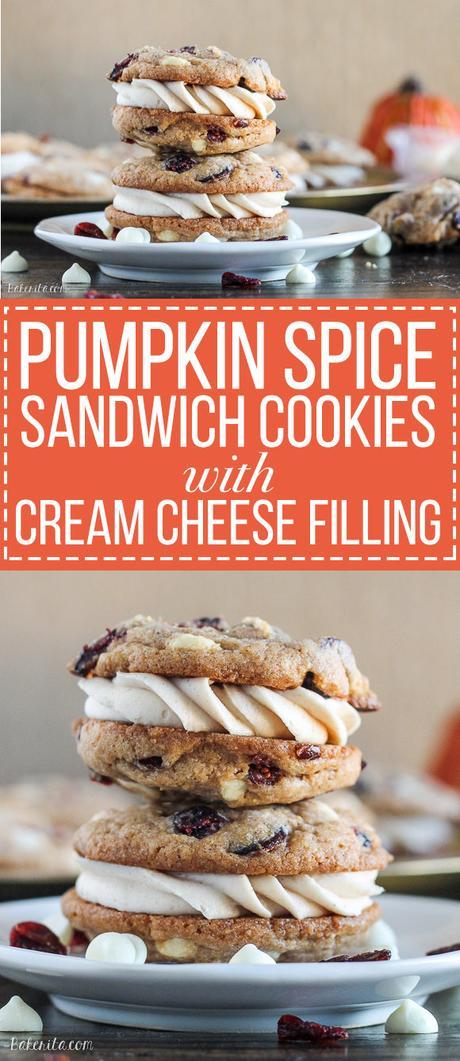 Pumpkin Spice Cookie Sandwiches with Cream Cheese Filling are easy and delicious! The pumpkin spice cookies are made even better with white chocolate and dried cranberries.